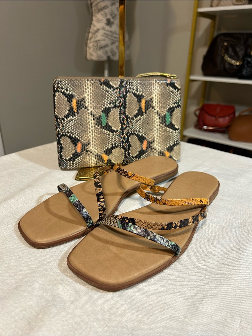 Madewell Snake Print Clutch and Strappy Sandals - Neutral Multi Sz 10